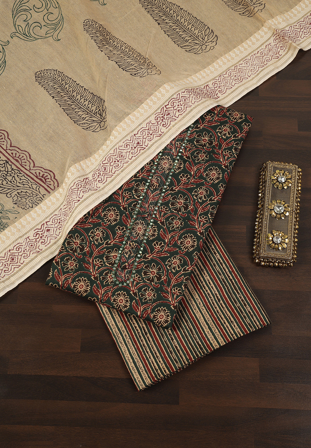 Ethnic Floral Print Cotton Suit Set with Foil Thread Embroidery & Printed Dupatta