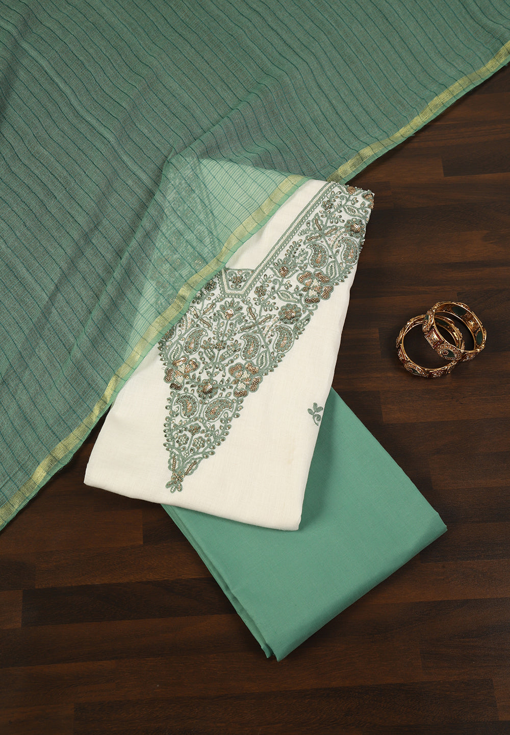 White Linen Cotton Unstitched Suit with Hand Embroidery