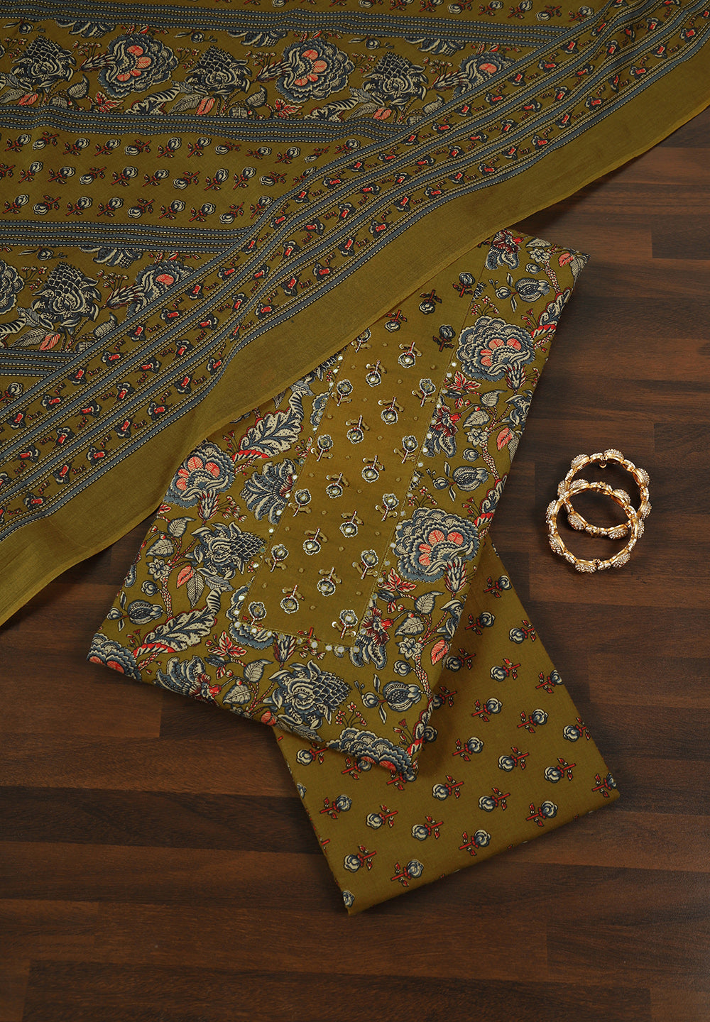 Printed Cotton Unstitched Suit with Mirror & Thread Work