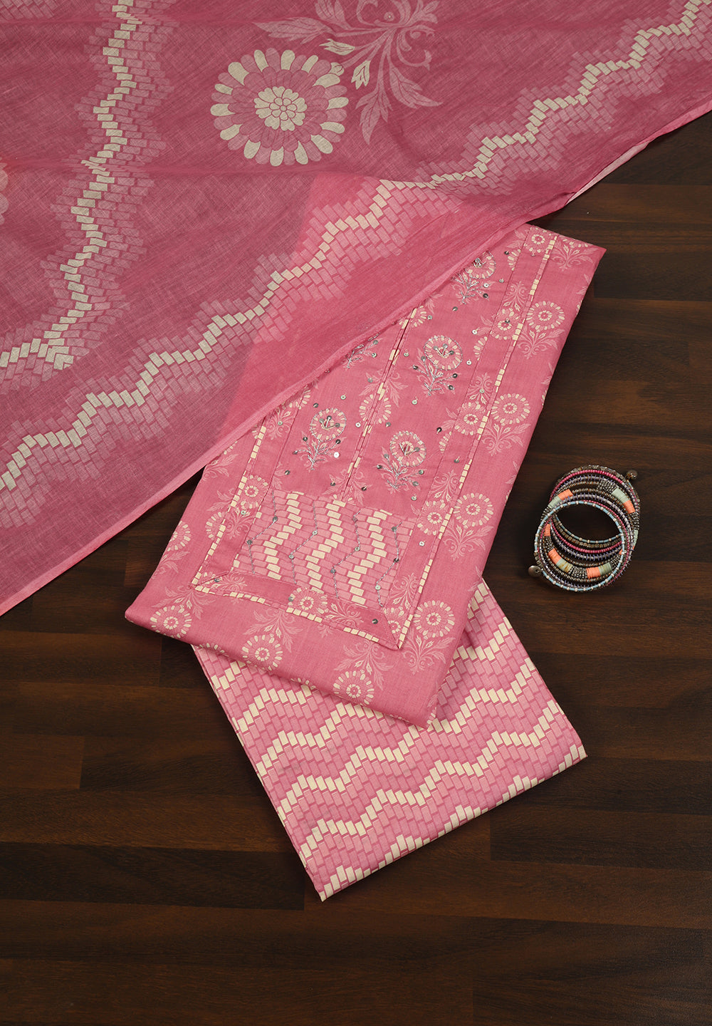 Floral Print Cotton Unstitched Suit with Zari & Sequin Work