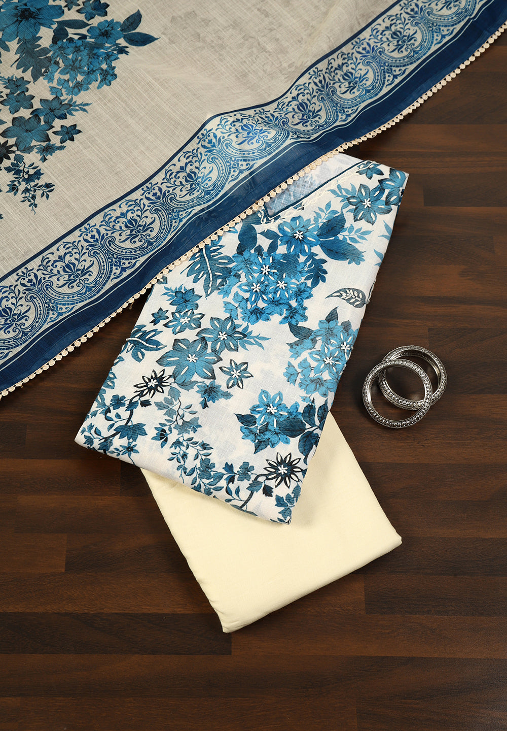 Hand-Block Floral Linen Unstitched Suit – Ivory & Cerulean Blue Serenity