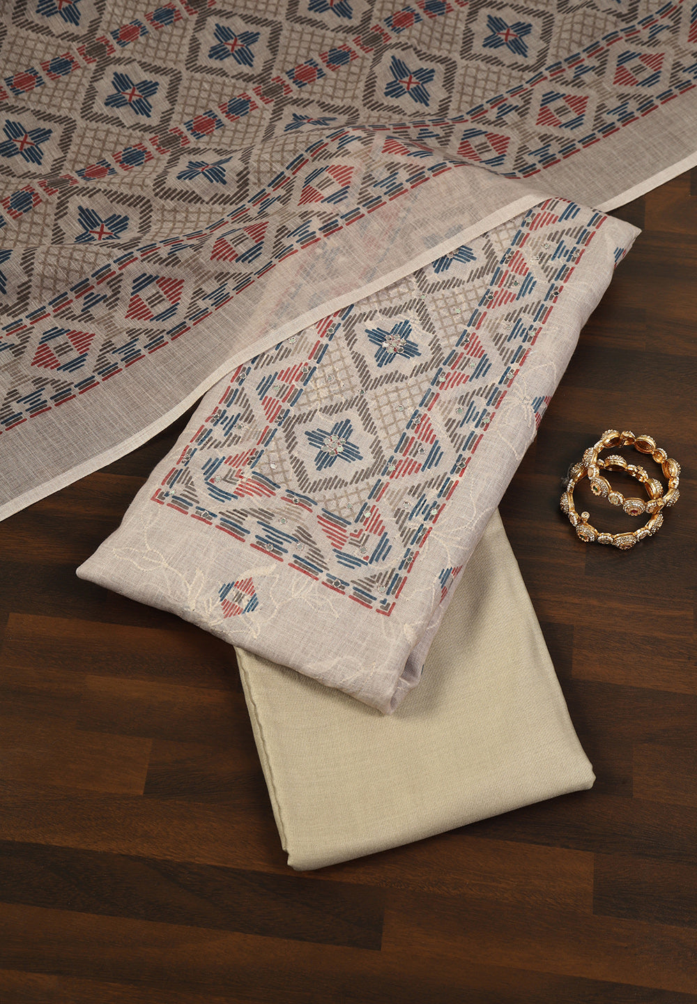 Sophisticated Cream Linen Cotton Unstitched Suit with Geometric Motif & Striped Accents