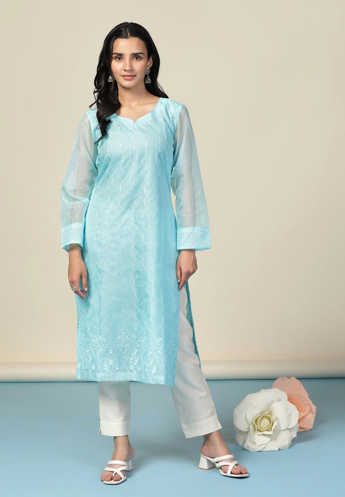 Unstitched Seagreen Thread Work Suit Set Online | Bombay Selections