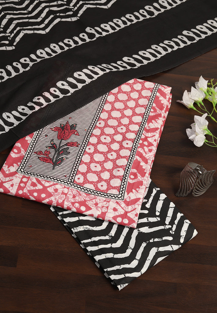 "Printed Perfection: Cotton Unstitched Suit with Stylish Neck Patch"