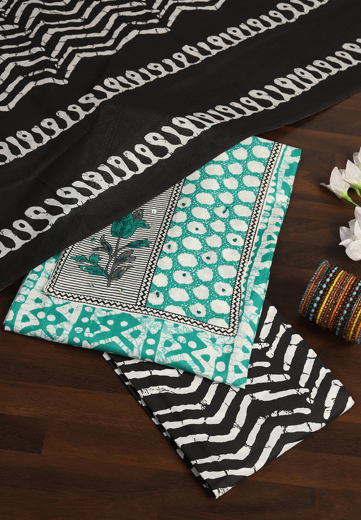 "Printed Perfection: Cotton Unstitched Suit with Stylish Neck Patch"