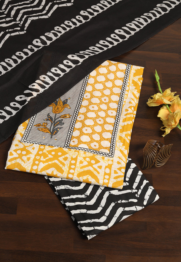 "Printed Perfection: Cotton Unstitched Suit with Stylish Neck Patch"