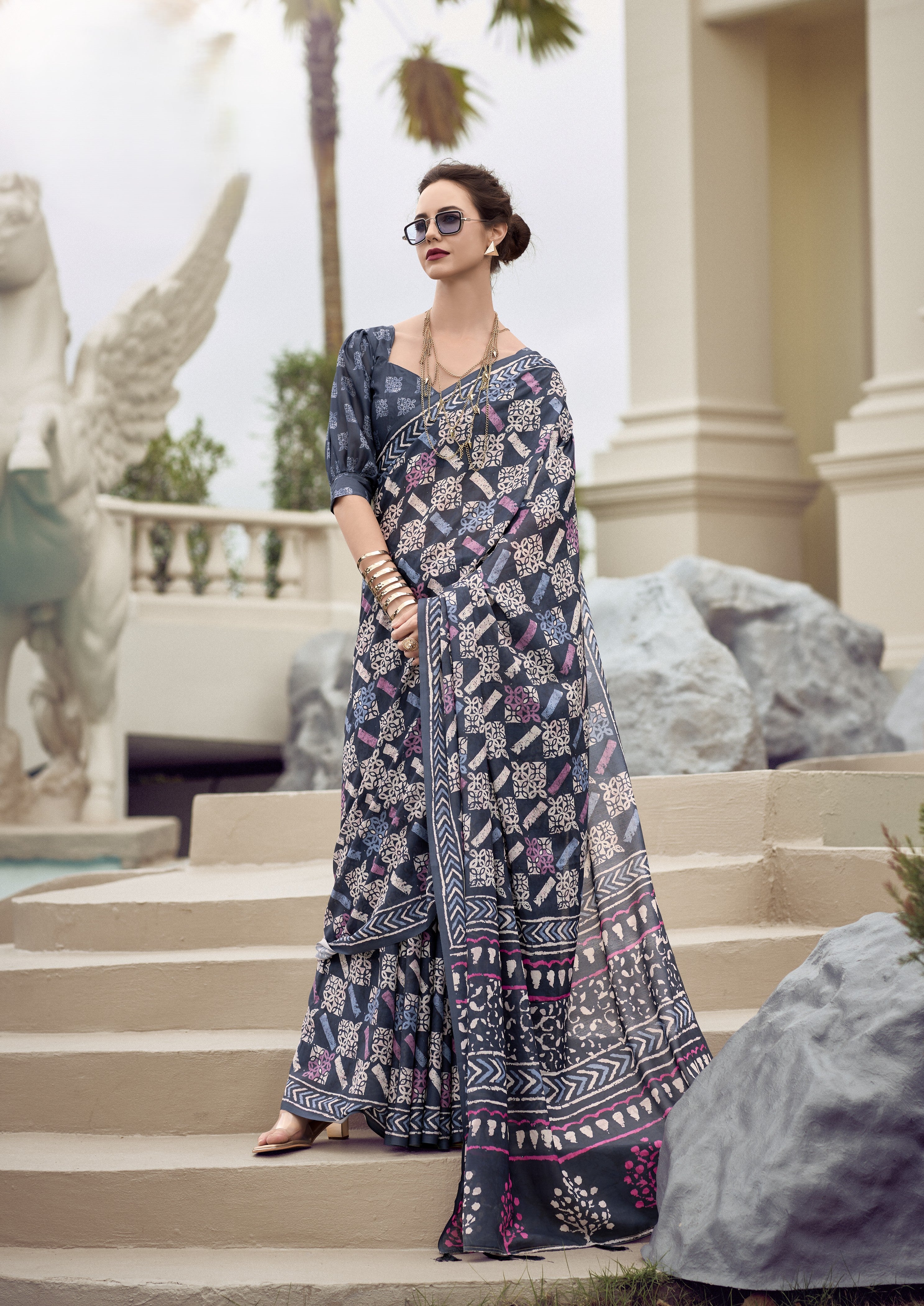 Multi Printed Satin Crepe Saree