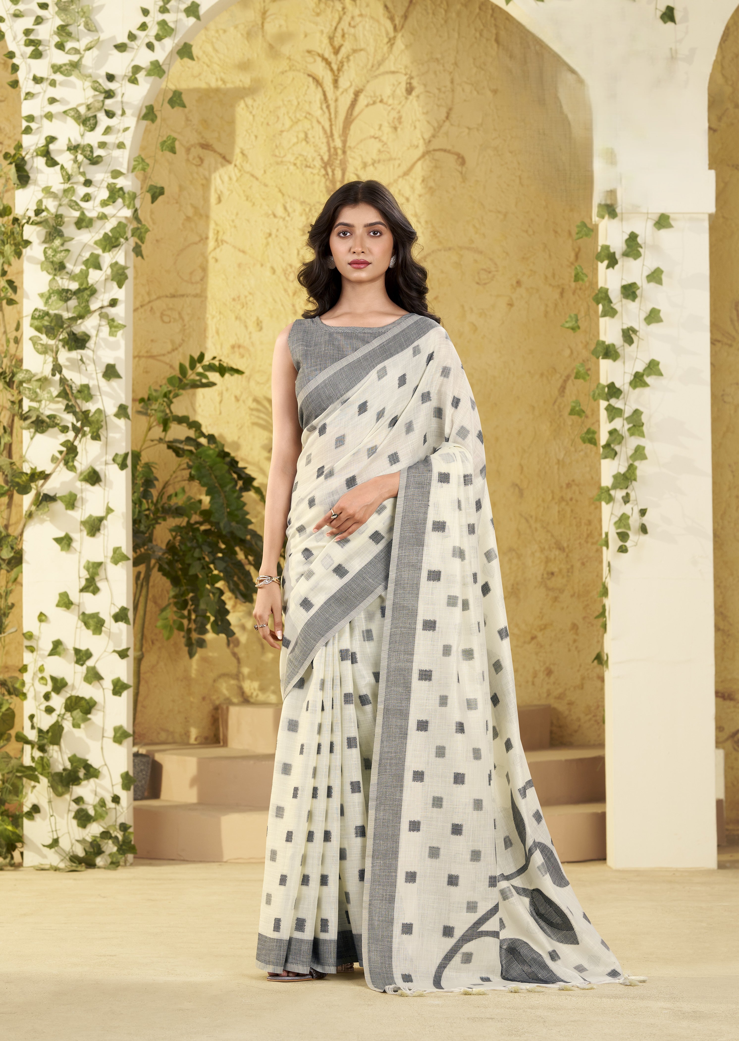 Cotton Saree with Grey Checks and Woven Border