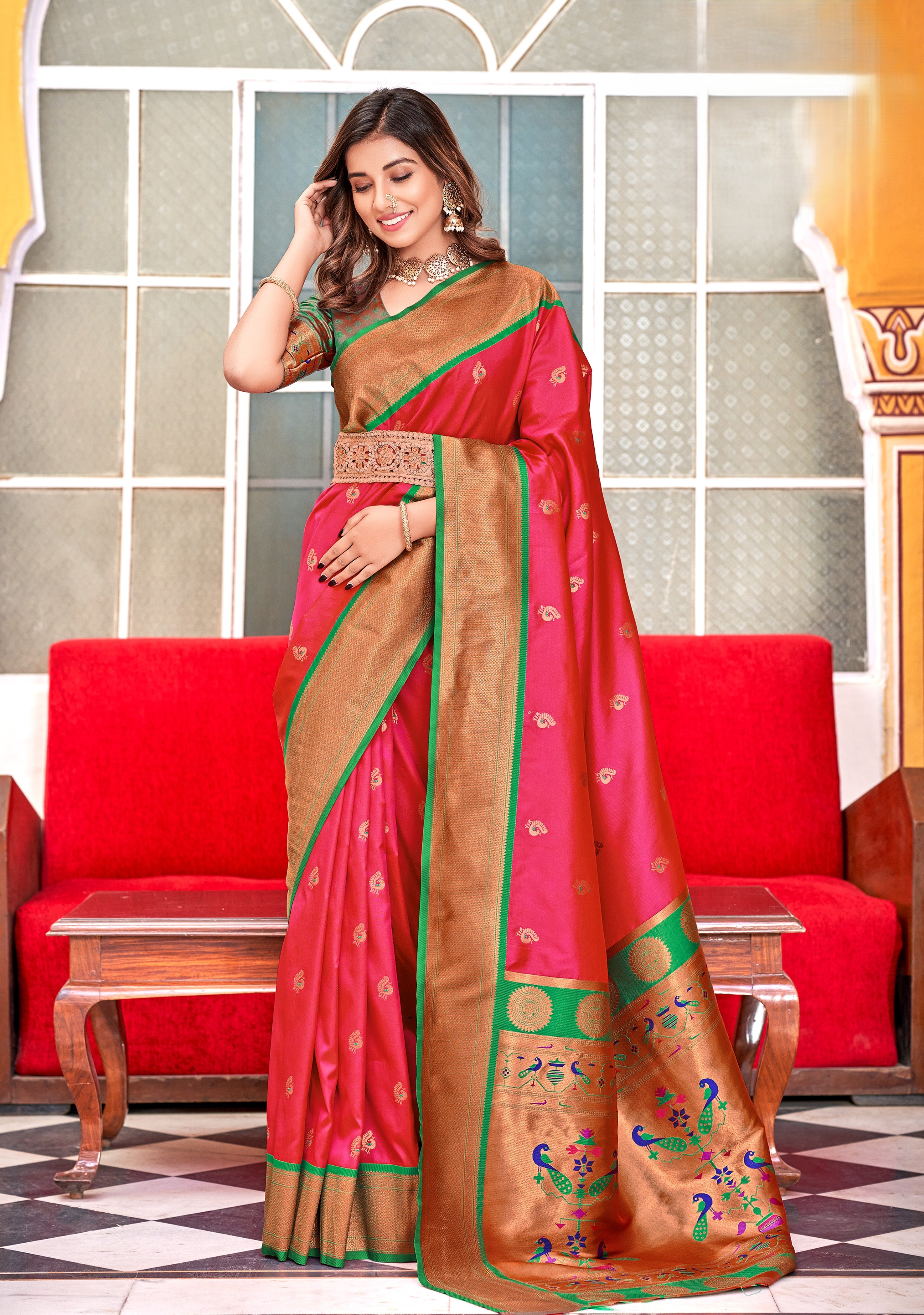 Silk Saree With Motifs pallu And  Gold Zari Border