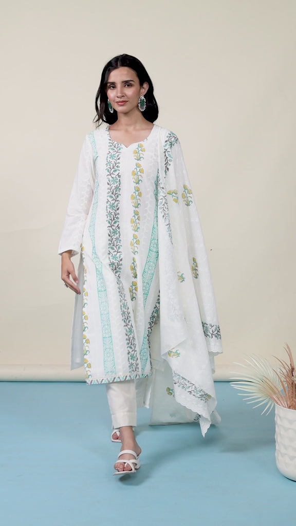 Sea Green Unstitched Cotton Fabric Suit Online | Bombay Selections